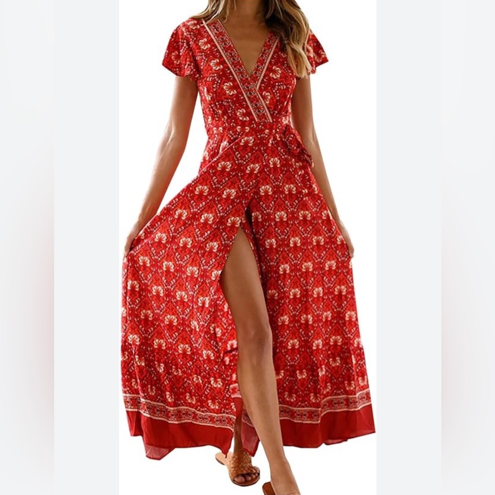NEW Sexy Boho Style Wrap Floral Print Summer Long Red gold V-Neck Maxi Dress M - Picture 3 of 17